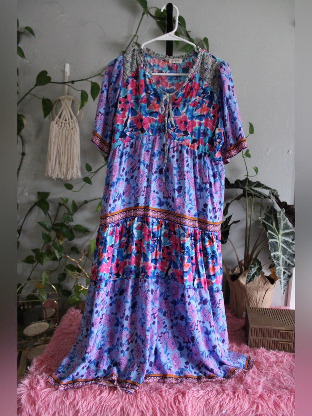 Umgee Lavender Floral Boho Maxi Dress with Pink Accents